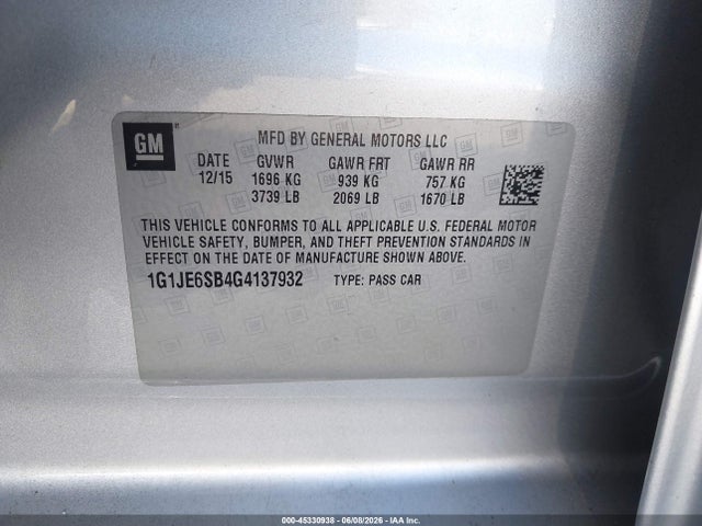 Aukcja sprzedaży 2016 Chevrolet Sonic Ltz Auto, vin: 1G1JE6SB4G4137932, numer aukcji: 45330938