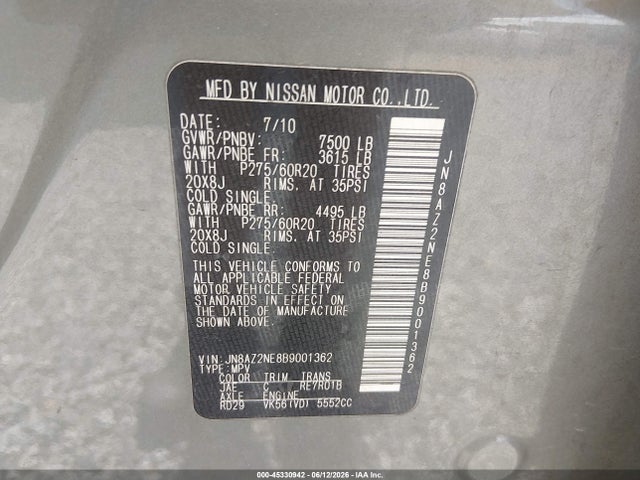 2011 Infiniti Qx56 მანქანა იყიდება აუქციონზე, vin: JN8AZ2NE8B9001362, აუქციონის ნომერი: 45330942