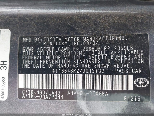 2007 Toyota Camry Hybrid მანქანა იყიდება აუქციონზე, vin: 4T1BB46K27U013432, აუქციონის ნომერი: 45330948