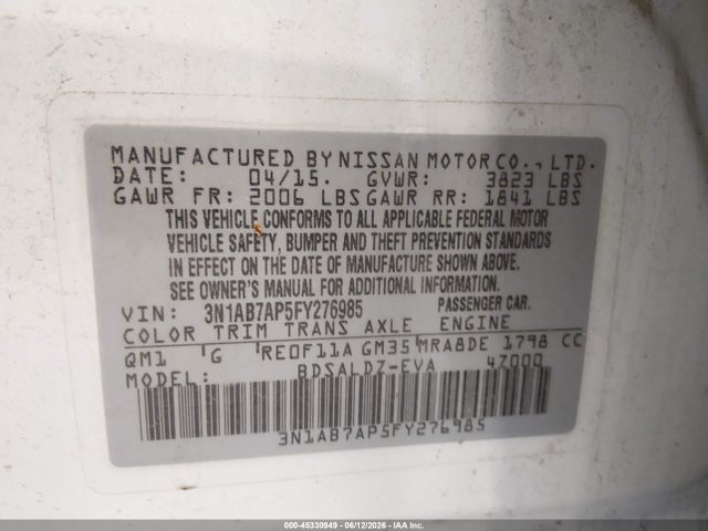 Aukcja sprzedaży 2015 Nissan Sentra Fe+ S/s/sl/sr/sv, vin: 3N1AB7AP5FY276985, numer aukcji: 45330949