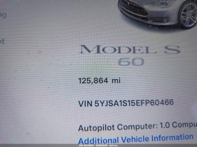2014 Tesla Model S მანქანა იყიდება აუქციონზე, vin: 5YJSA1S15EFP60466, აუქციონის ნომერი: 45330952