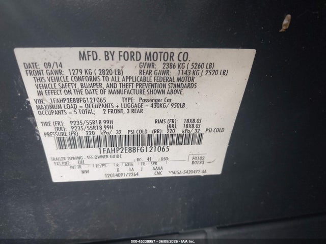 2015 Ford Taurus Sel მანქანა იყიდება აუქციონზე, vin: 1FAHP2E88FG121065, აუქციონის ნომერი: 45330957