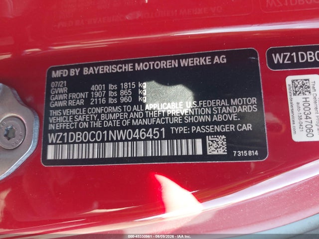 WZ1DB0C01NW046451 Toyota Gr Supra 3.0 Premium