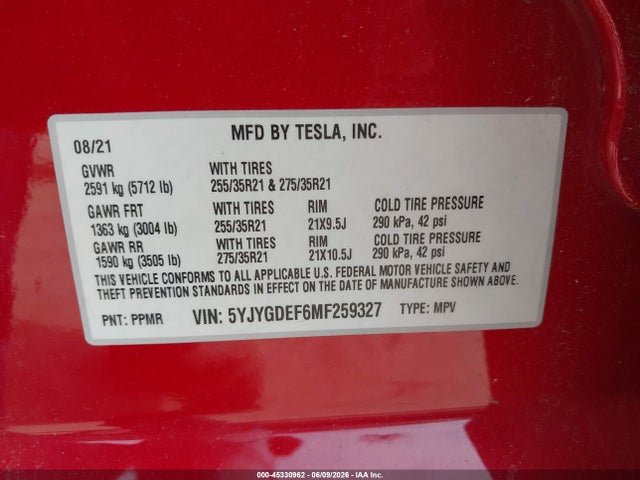 Aukcja sprzedaży 2021 Tesla Model Y Performance Dual Motor All-wheel Drive, vin: 5YJYGDEF6MF259327, numer aukcji: 45330962