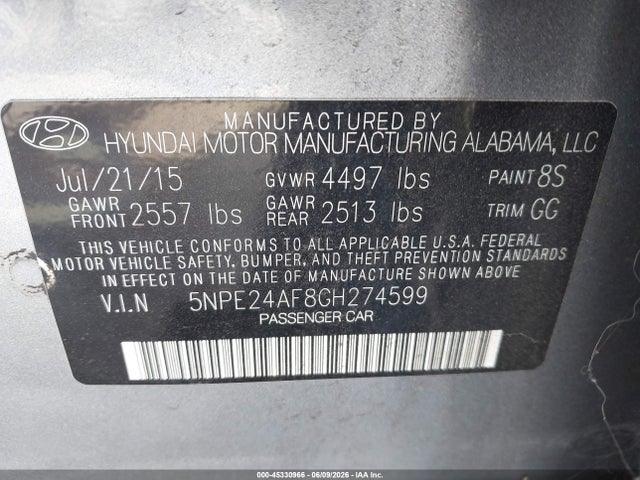 Aukcja sprzedaży 2016 Hyundai Sonata Se, vin: 5NPE24AF8GH274599, numer aukcji: 45330966