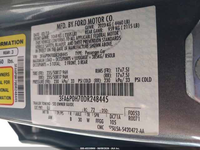 Aukcja sprzedaży 2013 Ford Fusion Se, vin: 3FA6P0H70DR248445, numer aukcji: 45330968