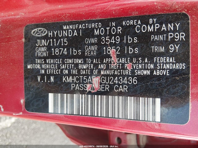 2016 Hyundai Accent Se მანქანა იყიდება აუქციონზე, vin: KMHCT5AE8GU243436, აუქციონის ნომერი: 45330974