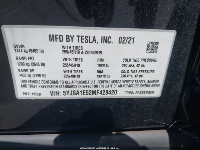 2021 Tesla Model S Long Range Dual Motor All-wheel Drive მანქანა იყიდება აუქციონზე, vin: 5YJSA1E52MF428420, აუქციონის ნომერი: 45330975