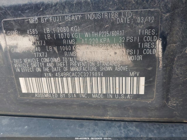 Aukcja sprzedaży 2012 Subaru Outback 2.5i, vin: 4S4BRCAC2C3279894, numer aukcji: 45330976