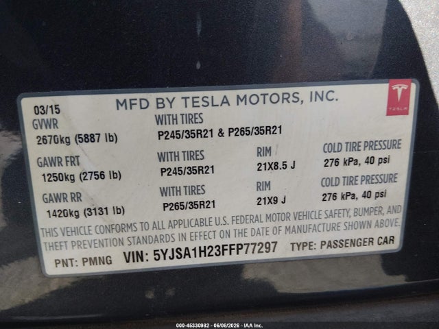 Tesla Model S 70d/85d/p85d 2015 5YJSA1H23FFP77297 Image 9