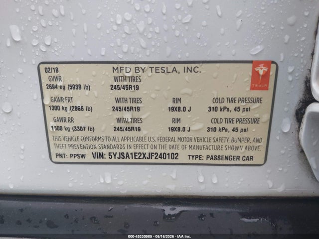 Продаж на аукціоні авто 2018 Tesla Model S 100d/75d/p100d, vin: 5YJSA1E2XJF240102, номер лоту: 45330985