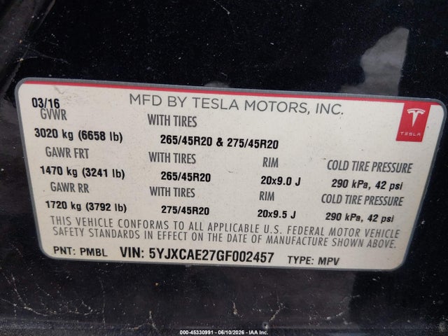 Продаж на аукціоні авто 2016 Tesla Model X 60d/70d/75d/90d, vin: 5YJXCAE27GF002457, номер лоту: 45330991