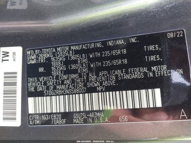 5TDGZRBH3NS588007 Toyota Highlander Xle