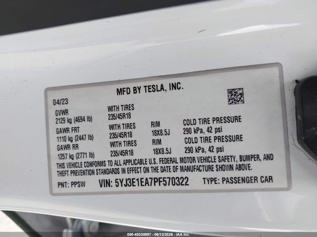 Aukcja sprzedaży 2023 Tesla Model 3 Rear-wheel Drive, vin: 5YJ3E1EA7PF570322, numer aukcji: 45330997