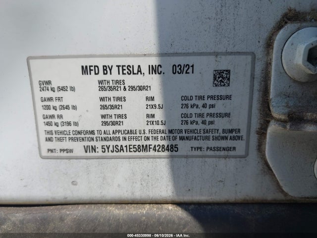 Aukcja sprzedaży 2021 Tesla Model S Long Range Dual Motor All-wheel Drive, vin: 5YJSA1E58MF428485, numer aukcji: 45330998