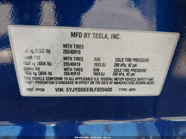Aukcja sprzedaży 2020 Tesla Model Y Long Range Dual Motor All-wheel Drive, vin: 5YJYGDEE9LF020408, numer aukcji: 45331000