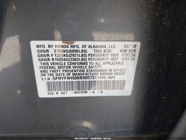 Aukcja sprzedaży 2011 Honda Pilot Ex-l, vin: 5FNYF4H50BB005731, numer aukcji: 45331017