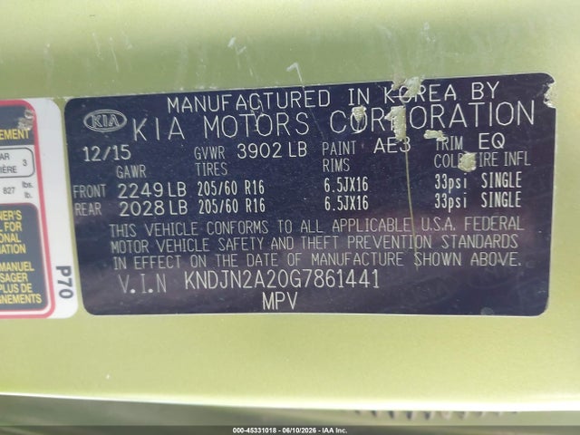 45331018 :رقم المزاد ، KNDJN2A20G7861441 vin ، 2016 Kia Soul مزاد بيع