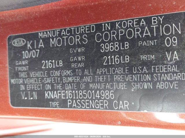 Aukcja sprzedaży 2008 Kia Spectra5 Sx, vin: KNAFE161185014986, numer aukcji: 45331024