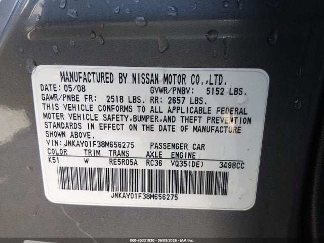 45331030 :رقم المزاد ، JNKAY01F38M656275 vin ، 2008 Infiniti M35x مزاد بيع