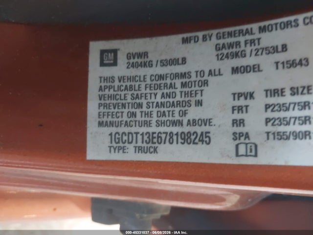 Auction sale of the 2007 Chevrolet Colorado Lt, vin: 1GCDT13E678198245, lot number: 45331037