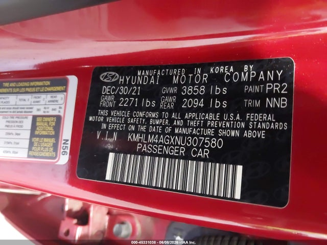 Aukcja sprzedaży 2022 Hyundai Elantra Sel, vin: KMHLM4AGXNU307580, numer aukcji: 45331038