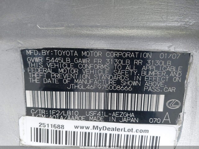 Auction sale of the 2007 Lexus Ls 460 L, vin: JTHGL46F975008666, lot number: 45331046