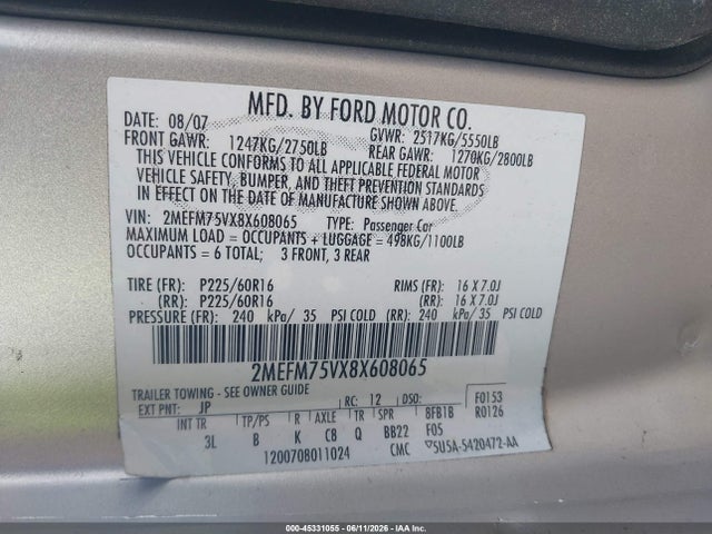 Aukcja sprzedaży 2008 Mercury Grand Marquis Ls, vin: 2MEFM75VX8X608065, numer aukcji: 45331055