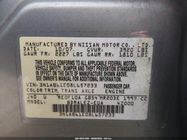 Продаж на аукціоні авто 2008 Nissan Sentra 2.0s, vin: 3N1AB61E08L657233, номер лоту: 45331058