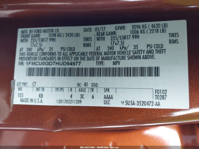 Ford ESCAPE SE 2017 1FMCU0GD7HUD94977 Image 9