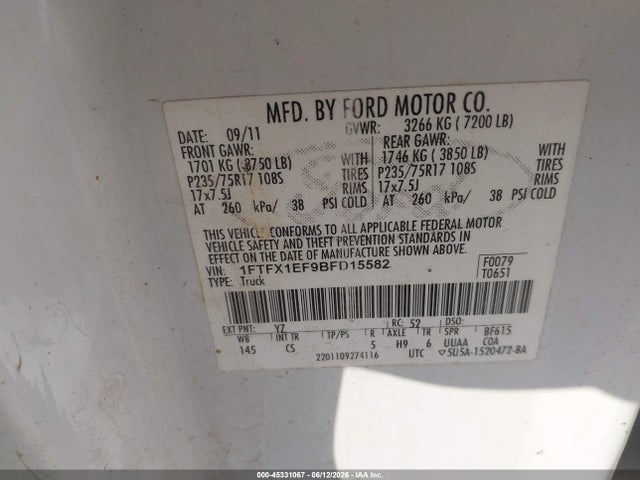 Aukcja sprzedaży 2011 Ford F-150 Xl, vin: 1FTFX1EF9BFD15582, numer aukcji: 45331067