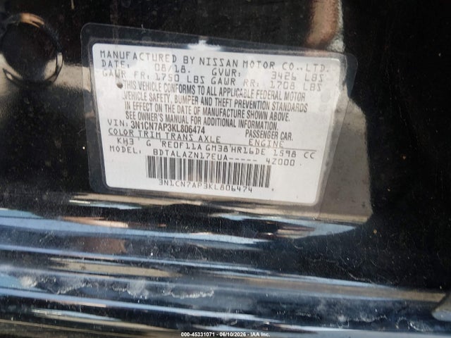 2019 Nissan Versa 1.6 S+ მანქანა იყიდება აუქციონზე, vin: 3N1CN7AP3KL806474, აუქციონის ნომერი: 45331071