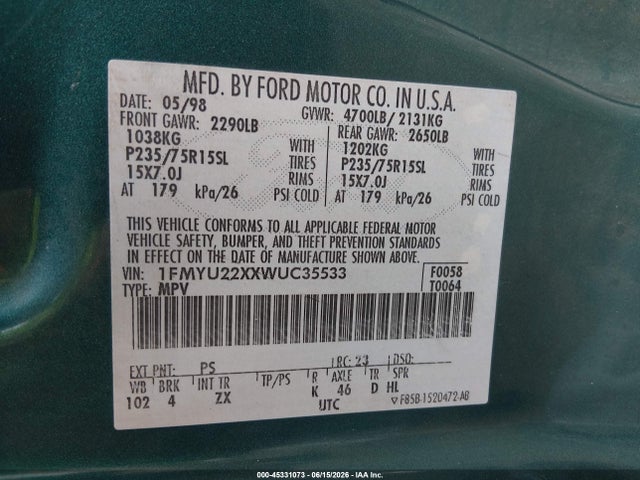 Продажа на аукционе авто 1998 Ford Explorer, vin: 1FMYU22XXWUC35533, номер лота: 45331073