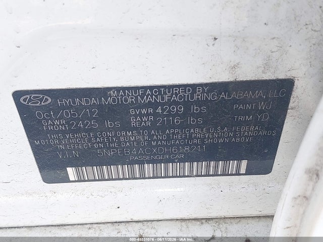 2013 Hyundai Sonata Gls მანქანა იყიდება აუქციონზე, vin: 5NPEB4ACXDH618211, აუქციონის ნომერი: 45331076