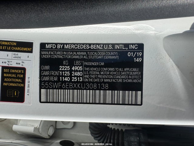 45331084 :رقم المزاد ، 55SWF6EBXKU308138 vin ، 2019 Mercedes-benz Amg C 43 4matic مزاد بيع