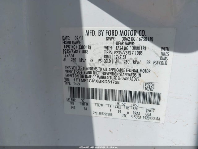 Aukcja sprzedaży 2011 Ford F-150 Xl, vin: 1FTMF1CMXBKD31728, numer aukcji: 45331090