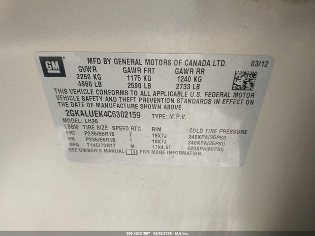 Продажа на аукционе авто 2012 Gmc Terrain Slt-1, vin: 2GKALUEK4C6302159, номер лота: 45331097