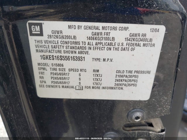 Aukcja sprzedaży 2005 Gmc Envoy Xl Slt, vin: 1GKES16S556163931, numer aukcji: 45331110