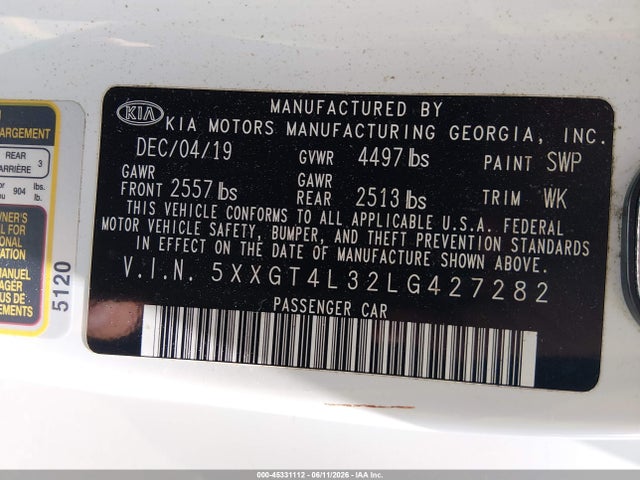 Продаж на аукціоні авто 2020 Kia Optima Lx, vin: 5XXGT4L32LG427282, номер лоту: 45331112
