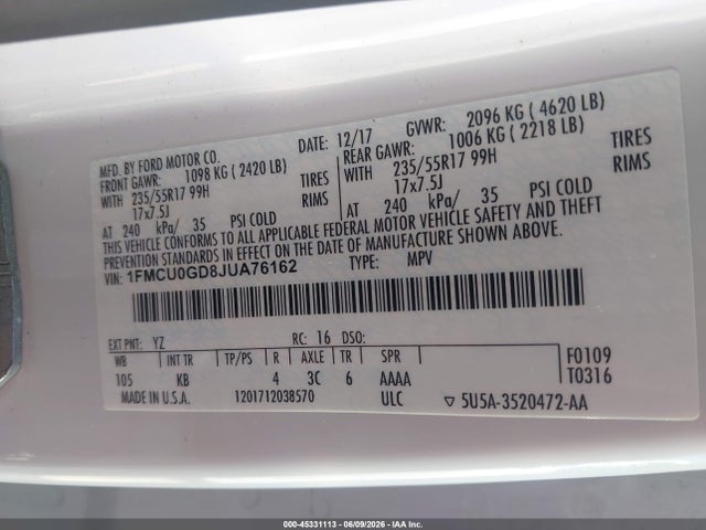 Aukcja sprzedaży 2018 Ford Escape Se, vin: 1FMCU0GD8JUA76162, numer aukcji: 45331113
