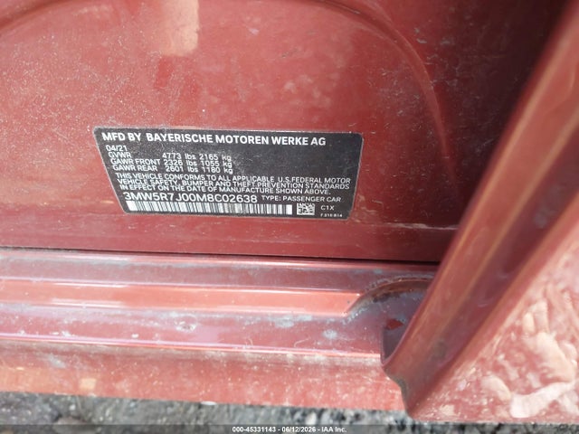 45331143 :رقم المزاد ، 3MW5R7J00M8C02638 vin ، 2021 Bmw 330i Xdrive مزاد بيع