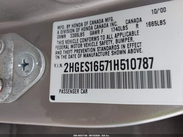 45331146 :رقم المزاد ، 2HGES16571H510787 vin ، 2001 Honda Civic Lx مزاد بيع