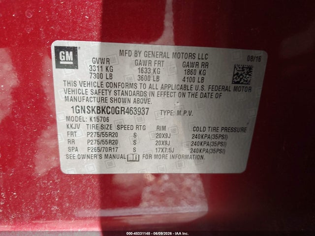 Продажа на аукционе авто 2016 Chevrolet Tahoe Lt, vin: 1GNSKBKC0GR463937, номер лота: 45331148