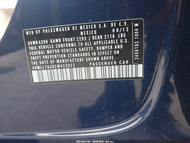 Aukcja sprzedaży 2012 Volkswagen Jetta 2.0l Tdi, vin: 3VWLL7AJXCM422022, numer aukcji: 45331161