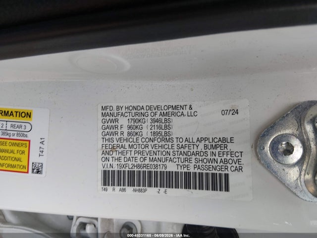 2024 Honda Civic Sport მანქანა იყიდება აუქციონზე, vin: 19XFL2H86RE038179, აუქციონის ნომერი: 45331165