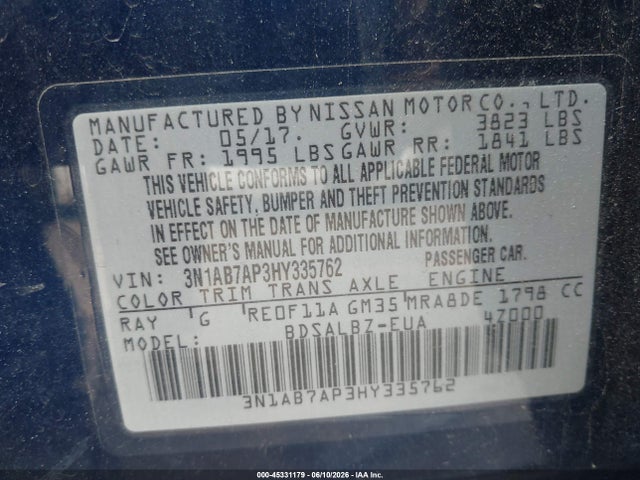 45331179 :رقم المزاد ، 3N1AB7AP3HY335762 vin ، 2017 Nissan Sentra S مزاد بيع