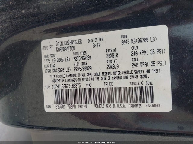 Продаж на аукціоні авто 2007 Dodge Ram 1500 Slt/trx4 Off Road/sport, vin: 1D7HU18267S189275, номер лоту: 45331180