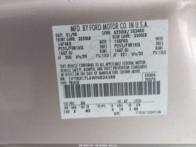 Aukcja sprzedaży 1998 Ford F-150 Lariat/xl/xlt, vin: 1FTRX17L6WNB24388, numer aukcji: 45331191