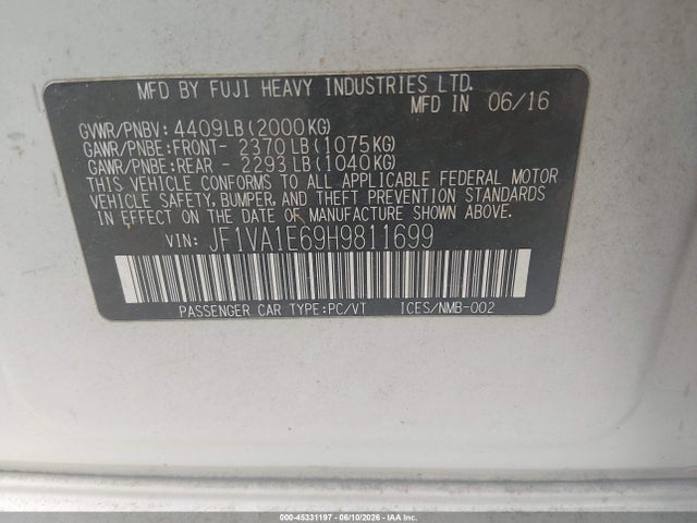 Aukcja sprzedaży 2017 Subaru Wrx Premium, vin: JF1VA1E69H9811699, numer aukcji: 45331197
