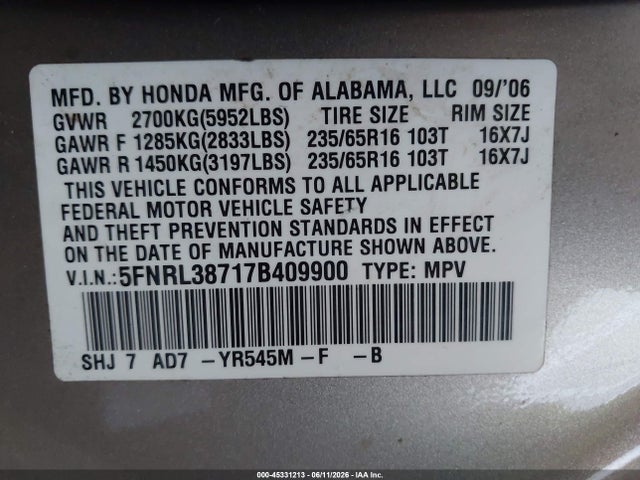 Aukcja sprzedaży 2007 Honda Odyssey Ex-l, vin: 5FNRL38717B409900, numer aukcji: 45331213